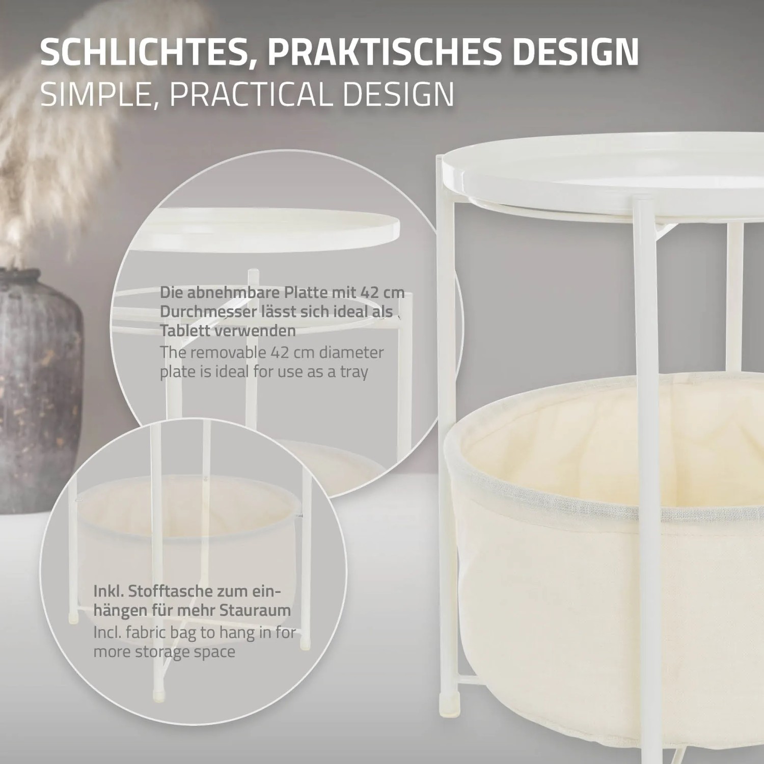 ML-Design Beistelltisch, weiß, mit Stoffkorb. Runder Wohnzimmertisch aus Metall, 45,5x52,5 cm.