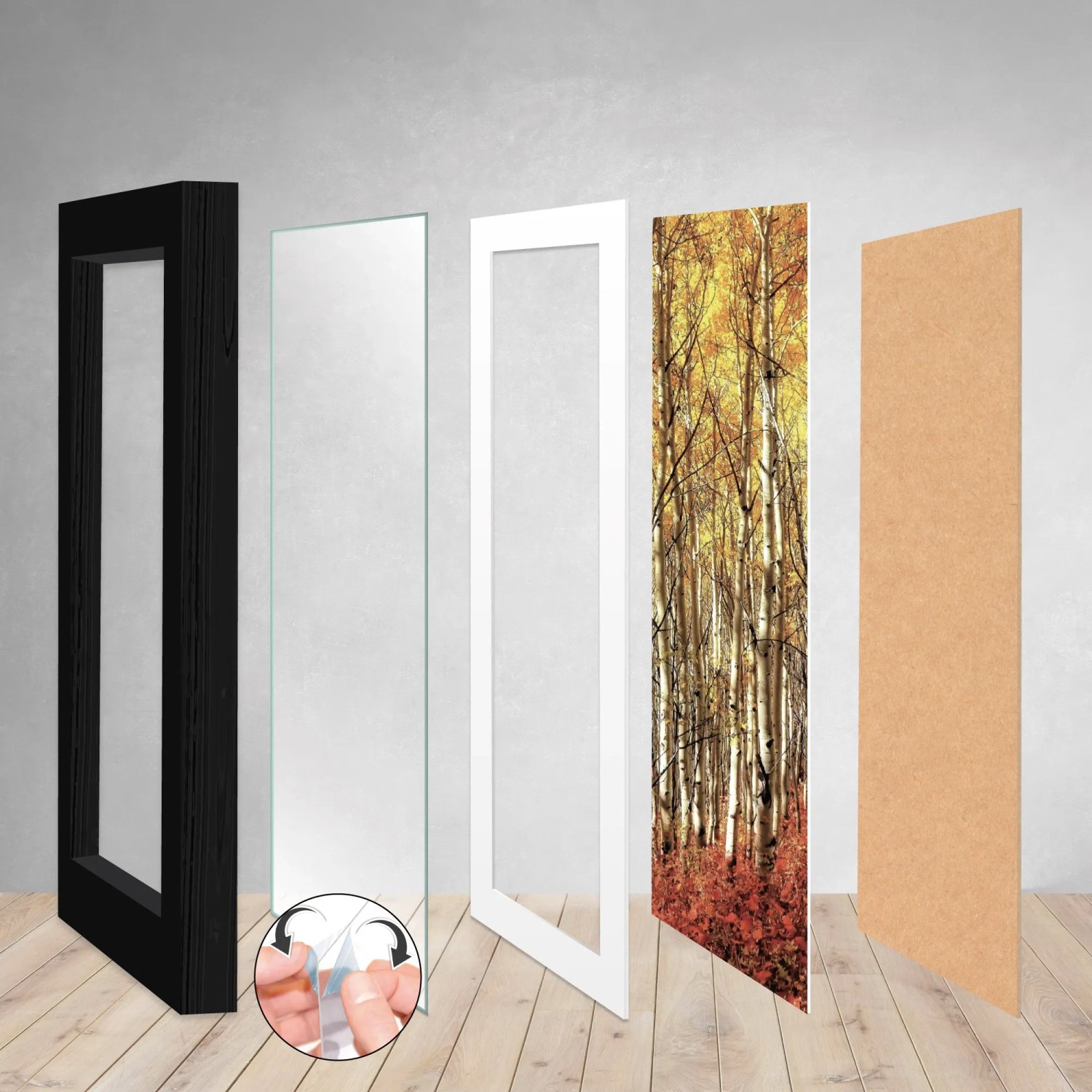 Bomoe Passion Bilderrahmen Set, 18-teilig, schwarz, mit MDF-Holzrahmen, Kunststoffglas, Passepartout und Aufsteller.