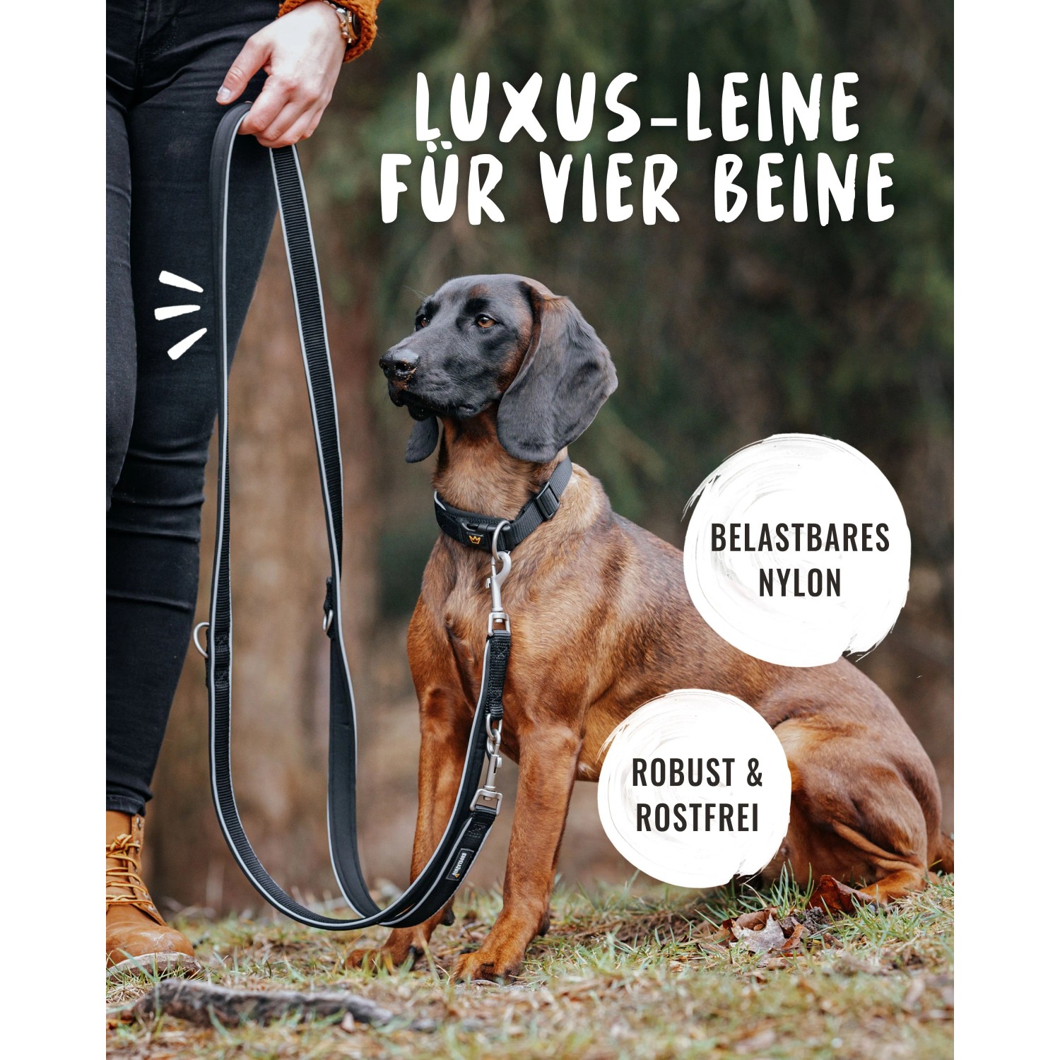 Schwarze Rudelkönig Hundeleine Paola, 20mm breit, verstellbar auf 230cm Länge.