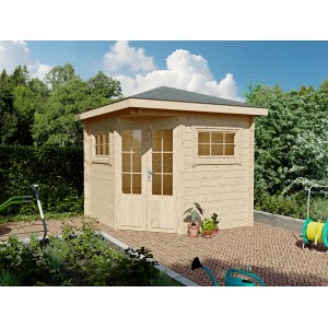 Fjordholz Gartenhaus Evelyn 2A, 5-Eck Design mit Doppeltür und Fenstern. Ideal als Geräteschuppen oder Hobbyraum.