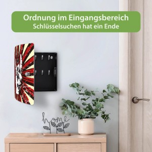 Banjado Design Schlüsselkasten Rock On aus Edelstahl, offen, mit 10 Haken und rot-weißem Motiv, an Wand im Eingangsbereich.