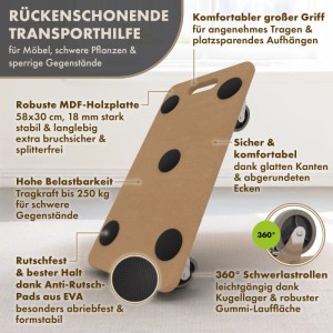 Brauner TTL HOME Möbelroller 58x30cm aus MDF mit 4 Schwerlastrollen, Anti-Rutsch-Pads und Griff für Möbeltransport.