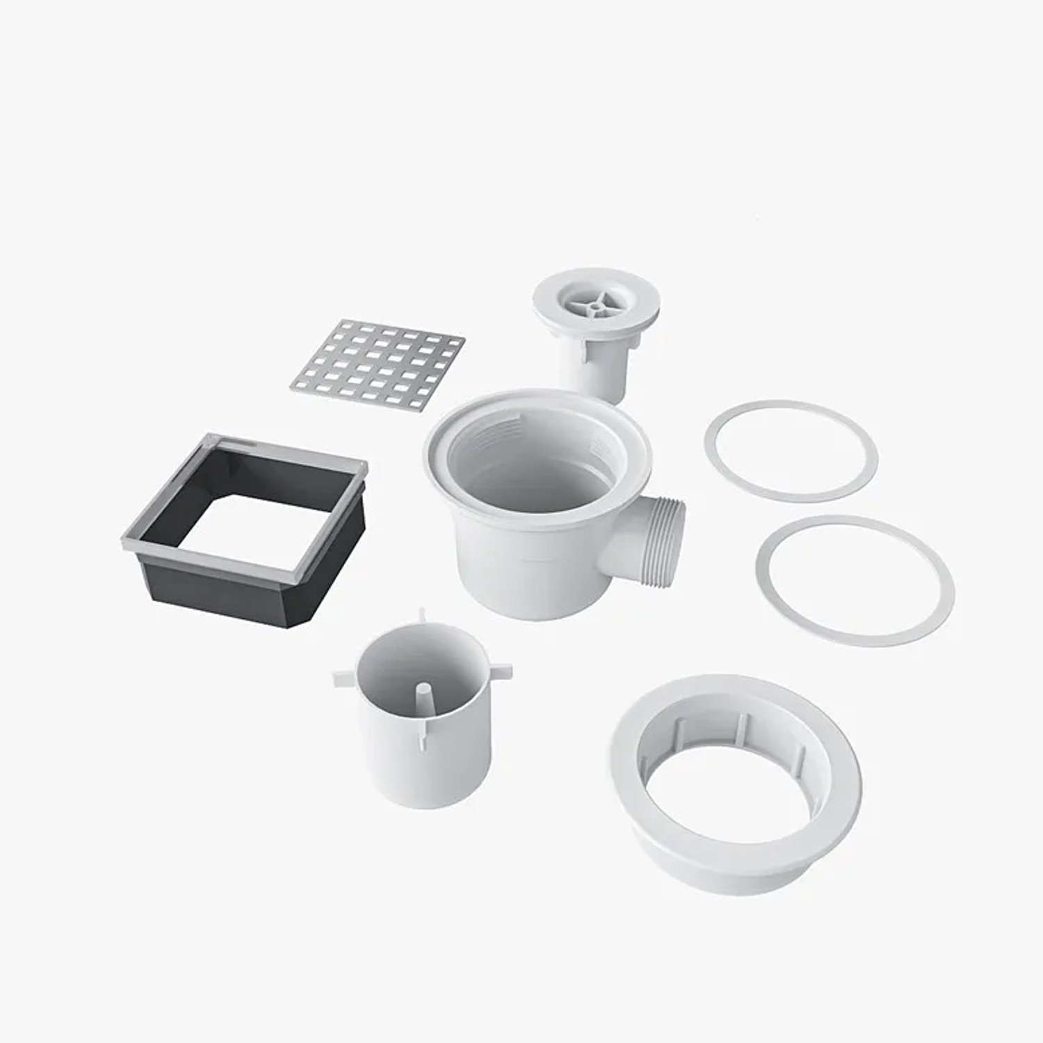 Ablaufgarnitur für Duschwanne 90x90 mit Siphon, Edelstahlrost und Dichtungen für Duschparadies Duschplatten.