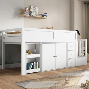 Merax Kinderhochbett 90x200 mit Schreibtisch Schrank Schublade Treppe Weiß