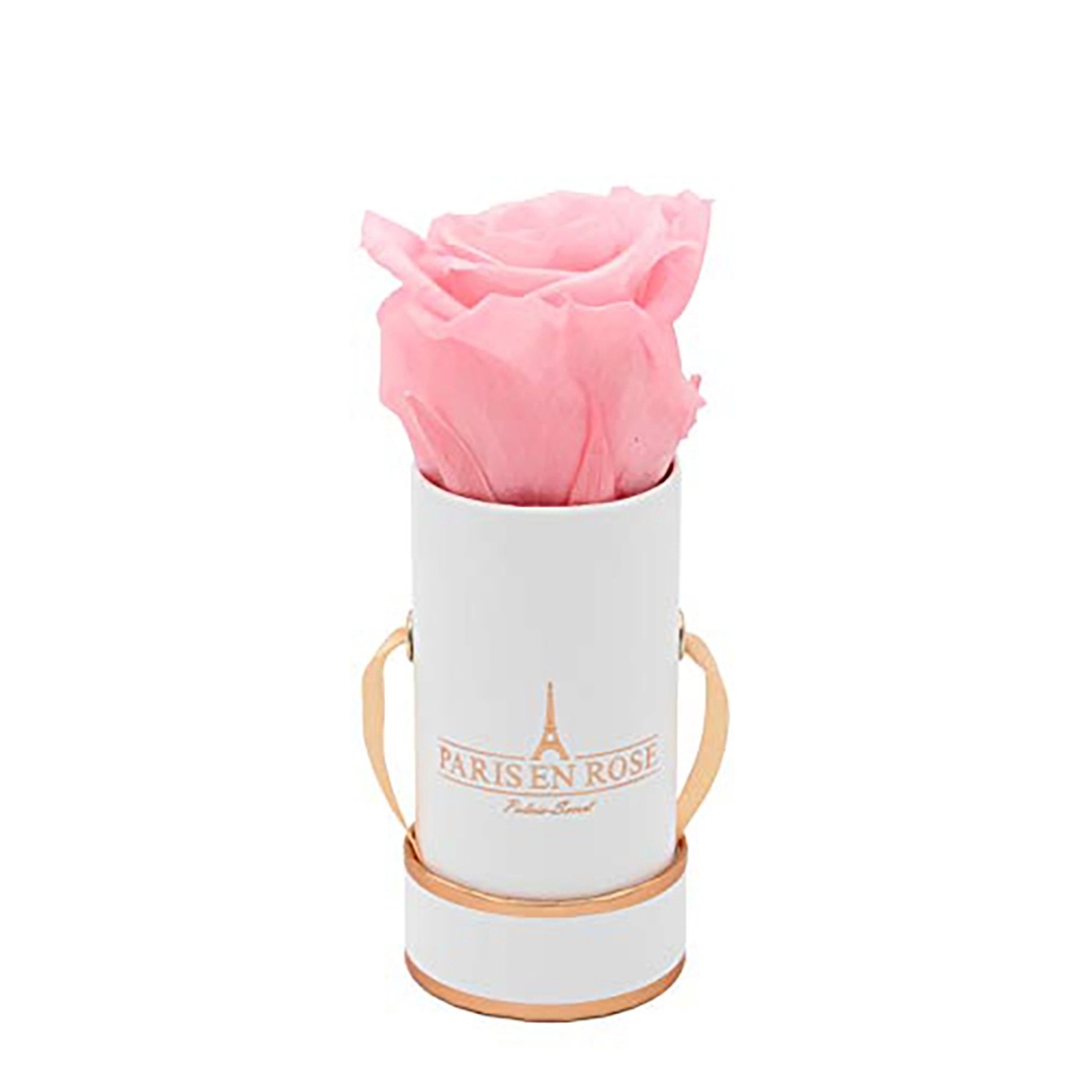 Rosenbox Ø 5 cm Weiß-Roségold mit einer Rosa Rose