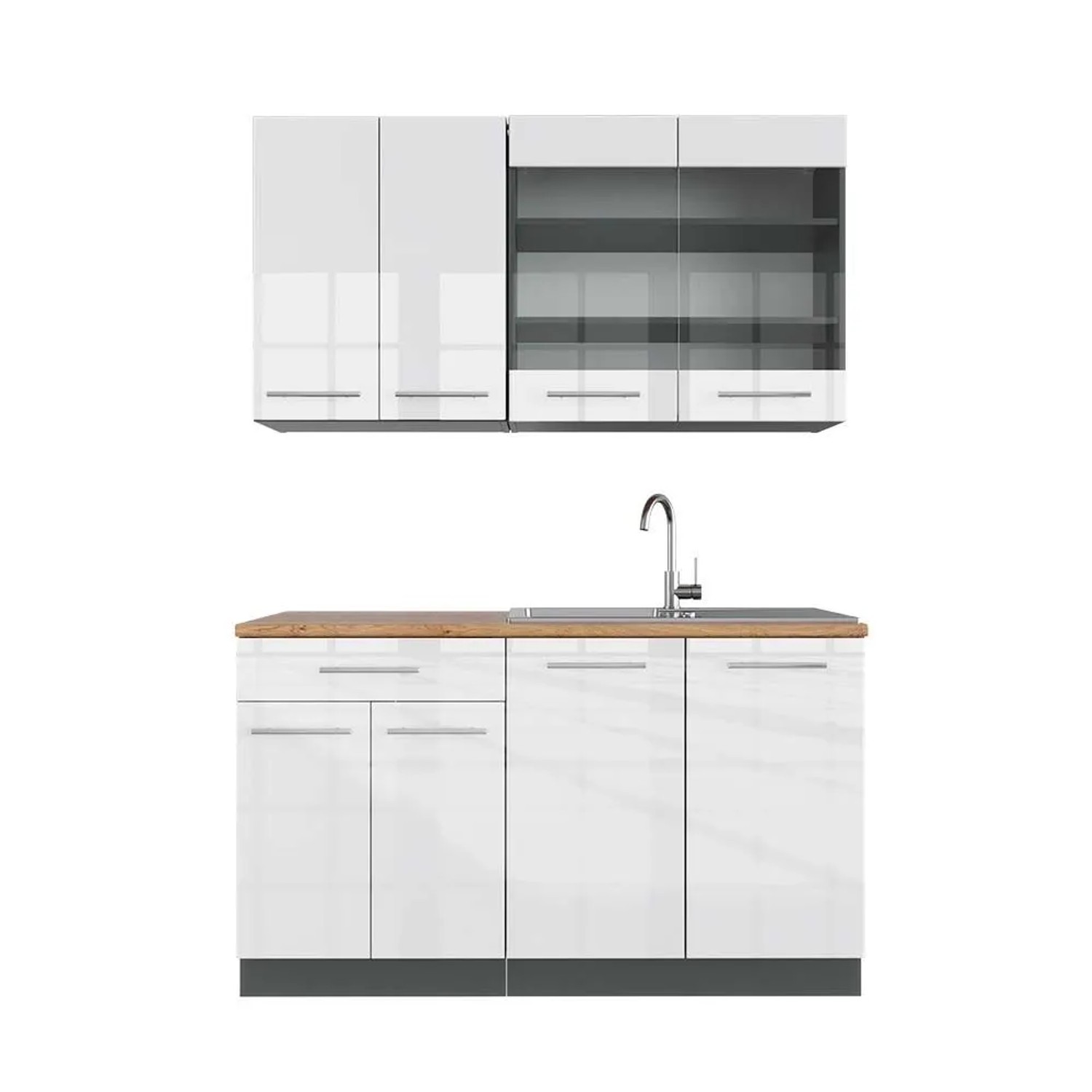 Vicco Fame-Line Singleküche Weiß Hochglanz Anthrazit 140 cm AP Eiche ohne E-Geräte