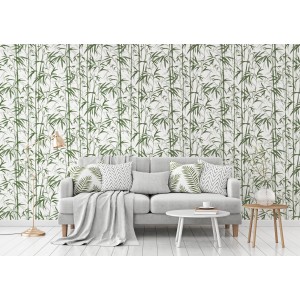 Wohnraum mit Bricoflor Bambus Tapete in Weiß und Grün. Asiatische Vliestapete mit Bambusblättern.