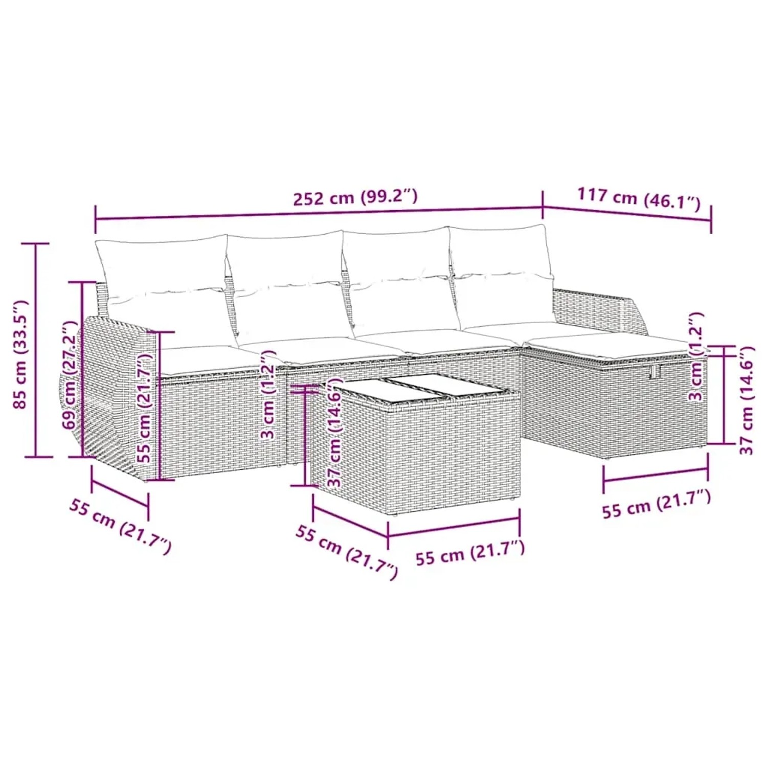 vidaXL 6-Tlg. Garten-Sofagarnitur Grau Poly Rattan mit Maßen, bestehend aus Sofa, Hockern und Tisch.