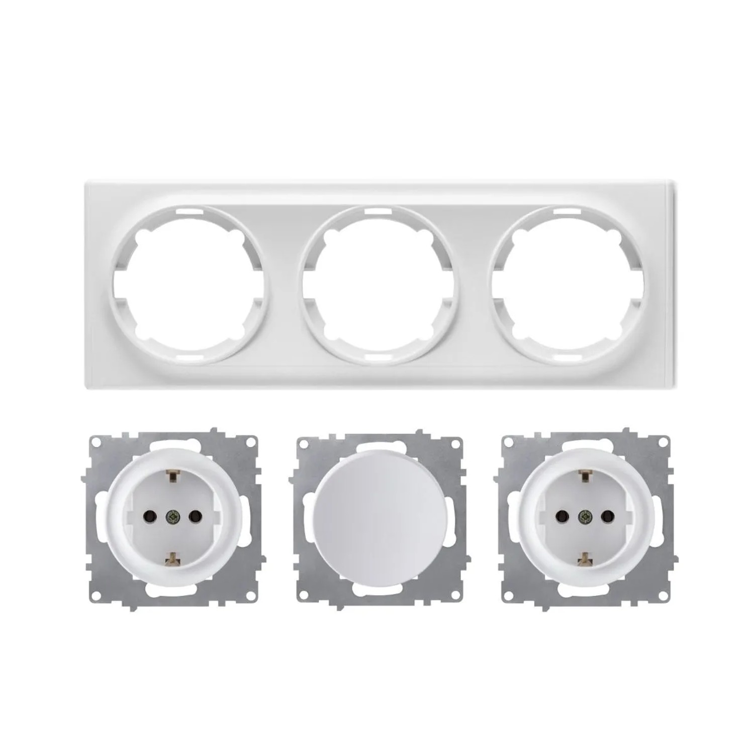 OneKeyElectro 2x Schuko Steckdose und Lichtschalter mit Abdeckrahmen 3fach Unterputz Waagerecht Weiß