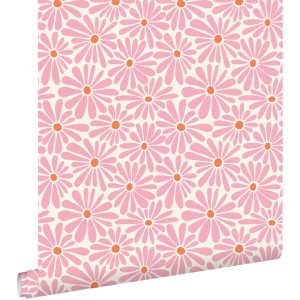 ESTAhome Vliestapete mit Gänseblümchen in Rosa und Orange.