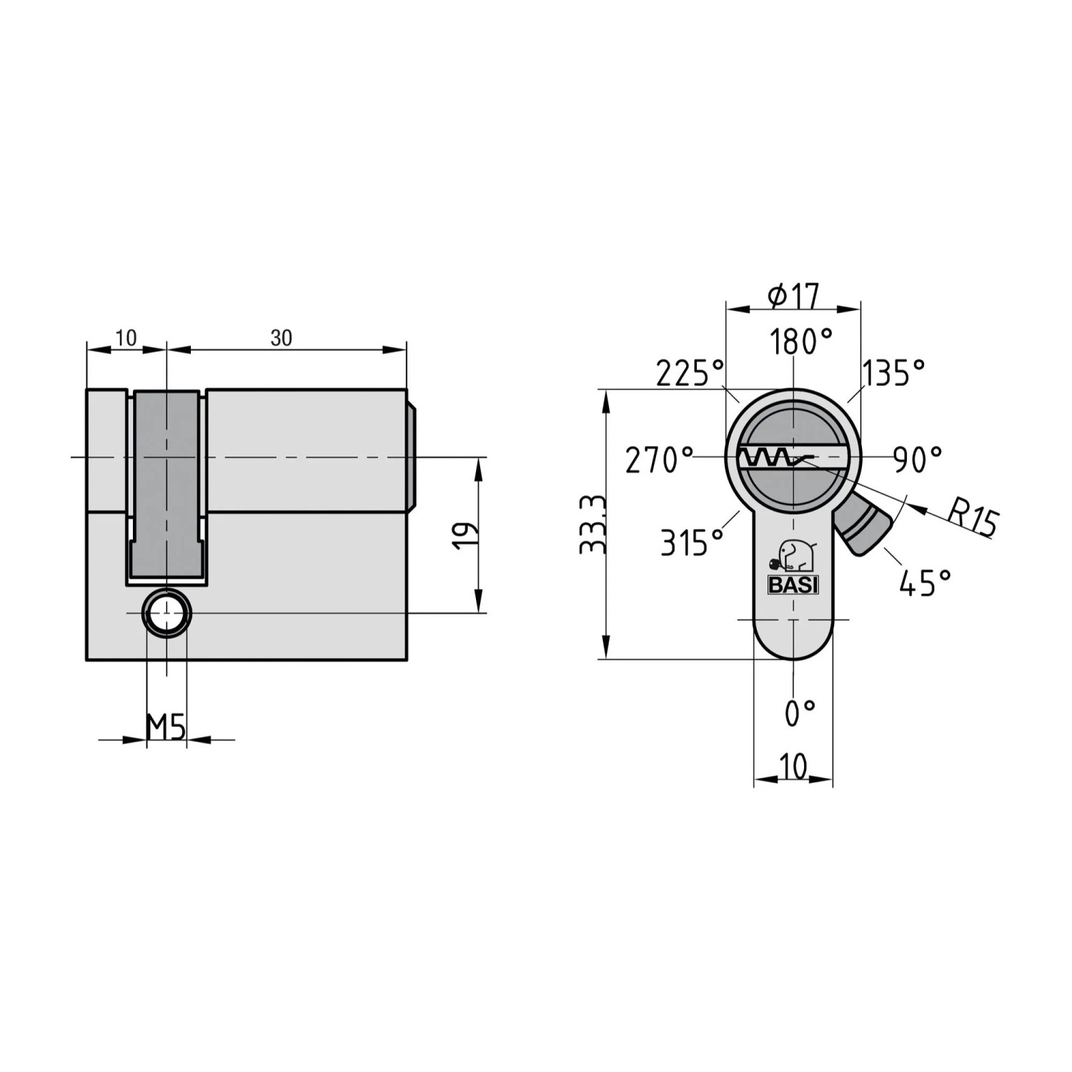 Technische Zeichnung: Basi V55 Profil-Halbzylinder, 10/35 mm, Maße und Winkelangaben.