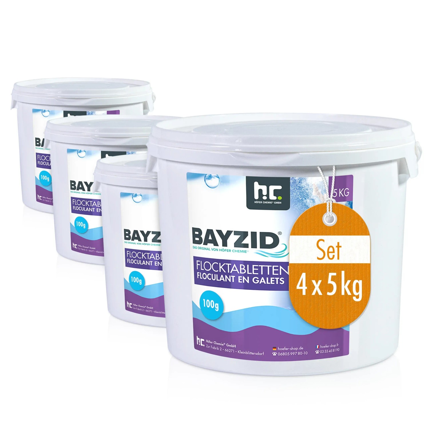 Bayzid Flocktabletten für Pools, 4 Eimer à 5kg. Mittel zur Flockung im Schwimmbad.