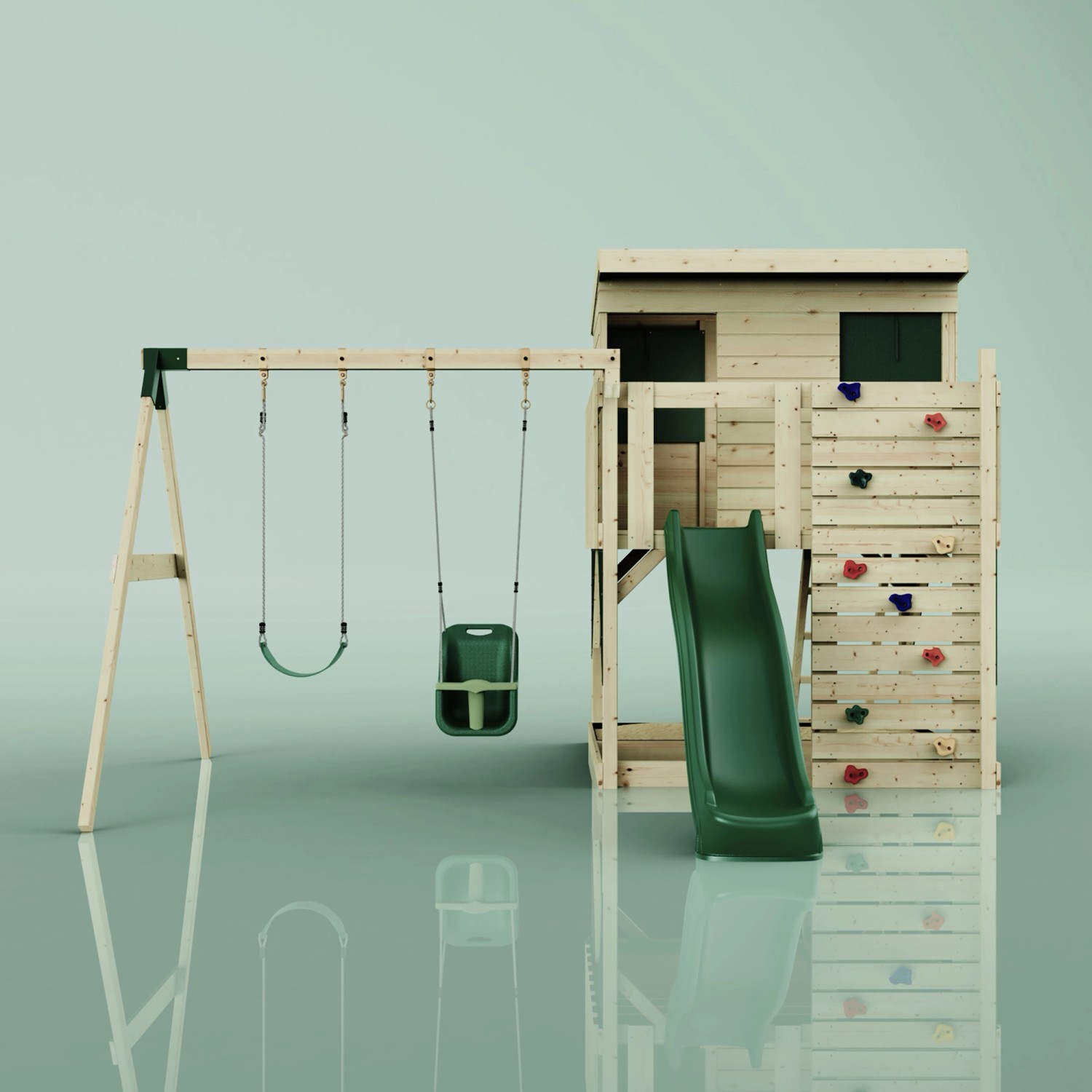 PolarPlay Spielturm Nils mit Babyschaukel und Rutsche, aus Holz, dunkelgrüne Akzente.