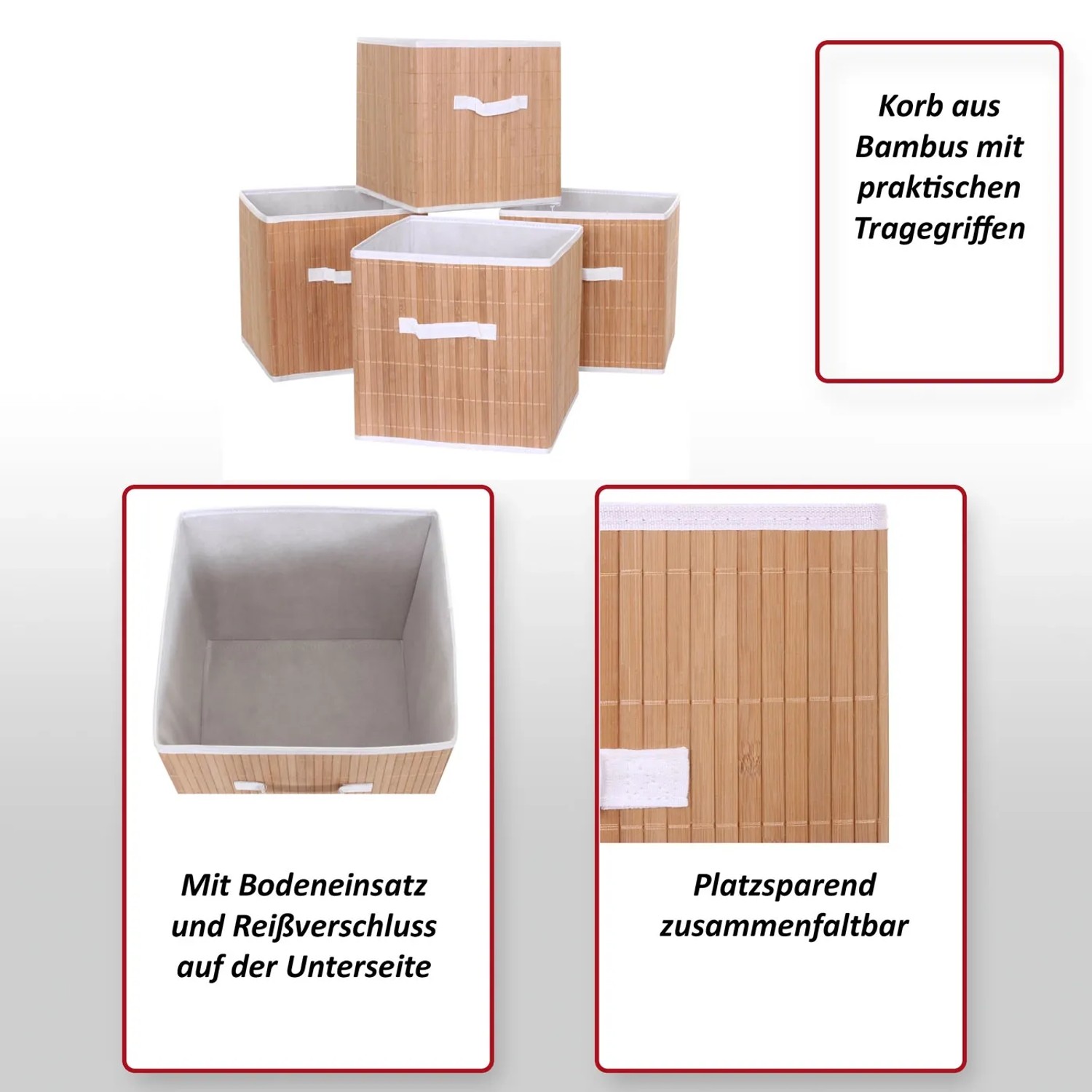 4er-Set MCW Faltboxen C21 aus Bambus mit Tragegriffen, ideal zur Aufbewahrung.
