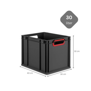 Schwarze PROREGAL Eurobox 30L mit roten Griffen, eine robuste Aufbewahrungsbox.