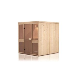 Finntherm Sauna Karina 1820, naturbelassen, 175x194 cm, mit Glastür und Holzverkleidung.