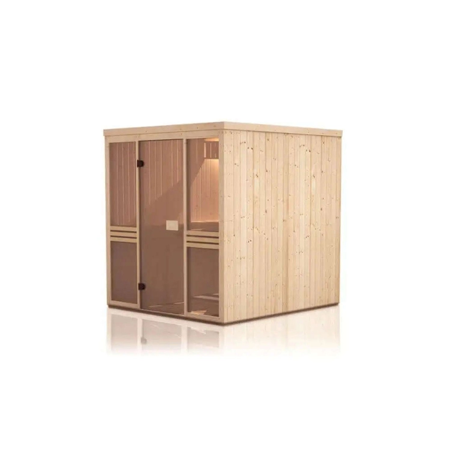 Finntherm Sauna Karina 1820, naturbelassen, 175x194 cm, mit Glastür und Holzverkleidung.