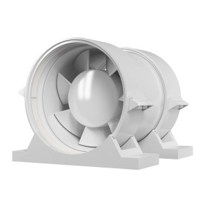 Weißer VLANO Rohrventilator TUBO PRO 100 mit Montagesatz für Lüftungskanäle.