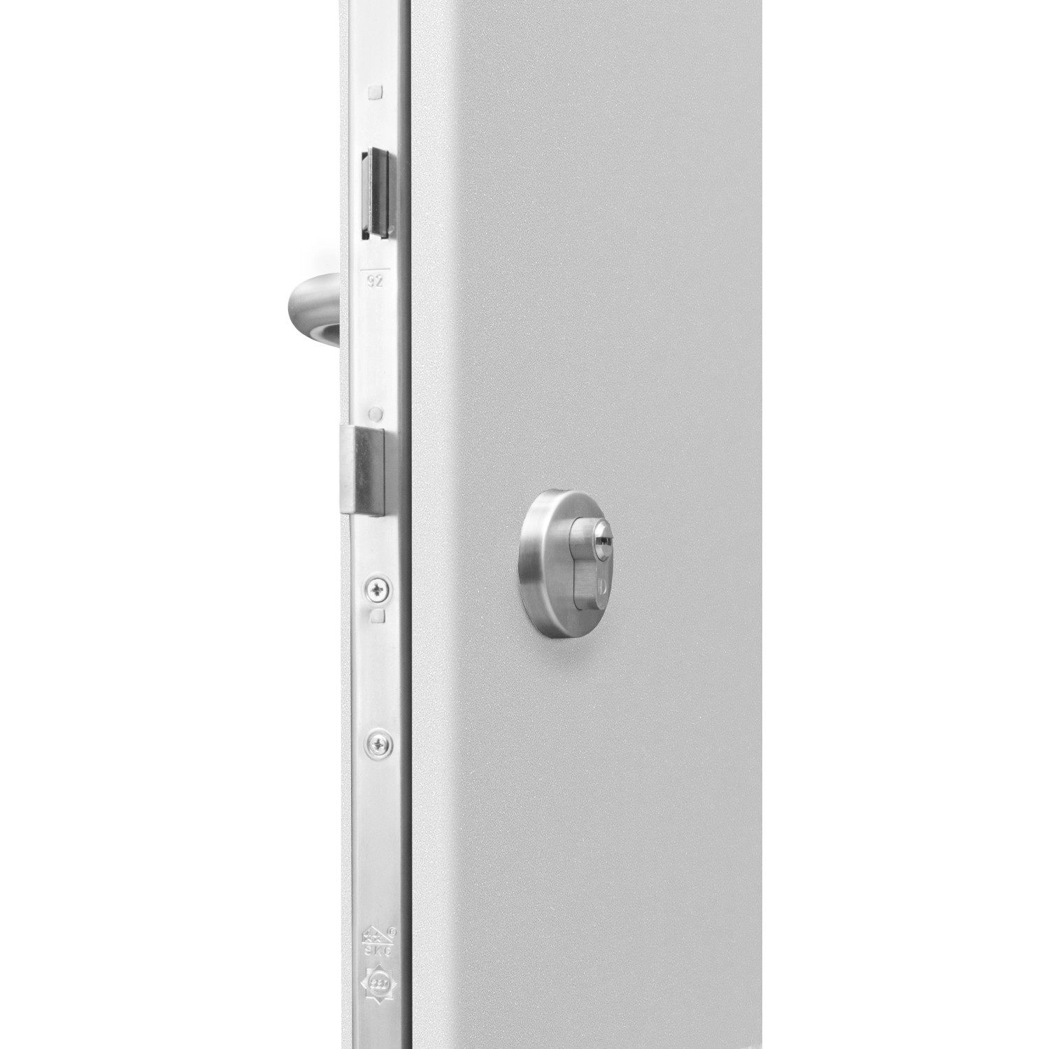 Detailansicht: Weiße ThermoSpace Prime Palermo Haustür mit Edelstahl-Rosette und Profilzylinder.