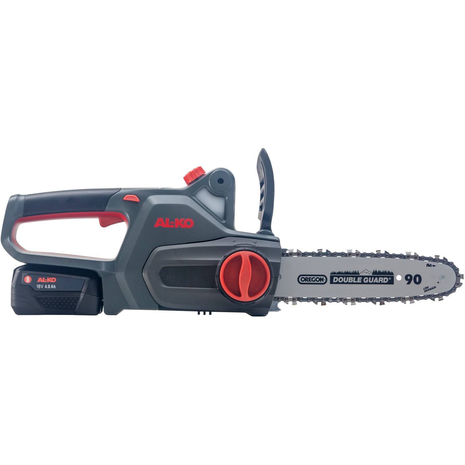 Al-Ko Akku-Kettensäge CS 1825 mit Akku, Oregon Schwert und Kette. Handliche, graue Akku-Säge für Gartenarbeiten.