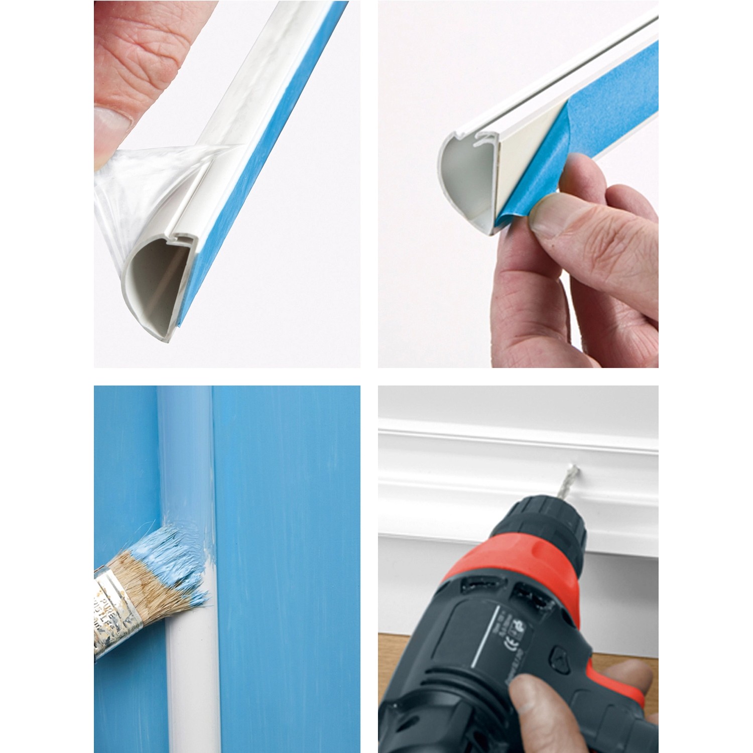 D-Line Kabelkanal, 22x22 mm, weiß, 2 m, Montage und Anwendung dargestellt.