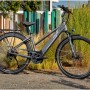 Graues Fischer E-Bike Viator 5.0i mit Trapezrahmen und Gepäckträger vor Grünpflanzen.