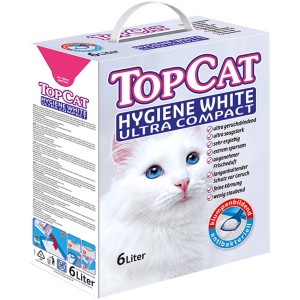 Verpackung Top Cat Hygiene White Ultra Katzenstreu, 6 l Klumpstreu mit weißer Katze.