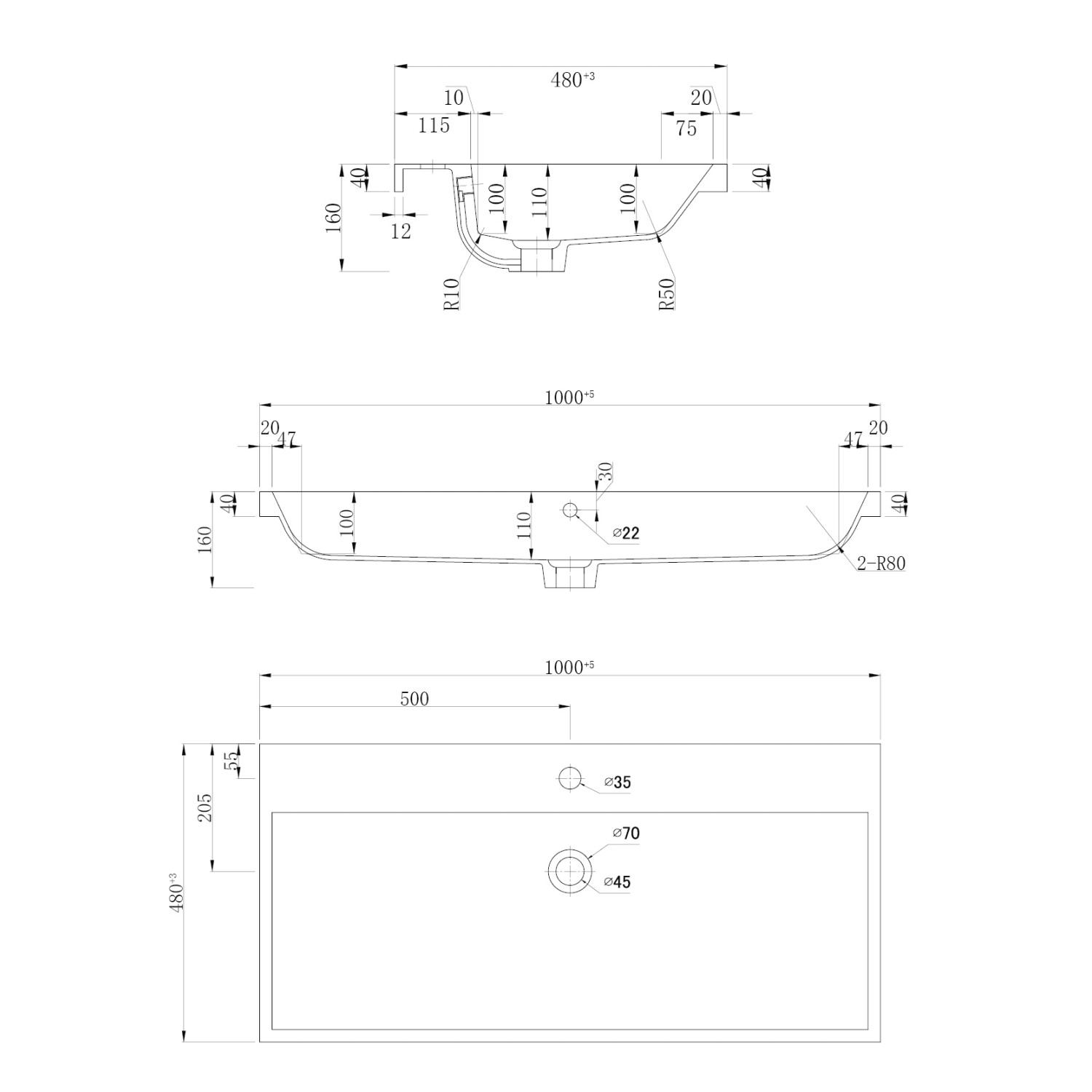 Technische Zeichnung Badmöbel Fellini 100, Grafit, mit Maßen für Waschbecken und Unterschrank.