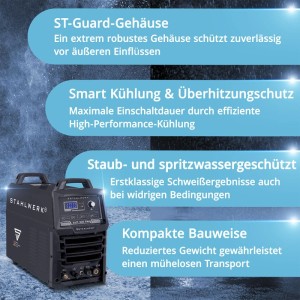 STAHLWERK Plasmaschneider CUT 100 Pro: robustes, staub- und spritzwassergeschütztes Schweißgerät mit Kühlung.