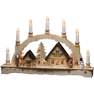 Konstsmide Holzsilhouette mit 7 Leuchtkerzen, naturfarbene Weihnachtsdeko für den Innenbereich.