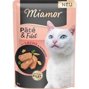 Miamor Katzen-Nassfutter Pate & Filet Lachs, 85g Packung mit Katze.