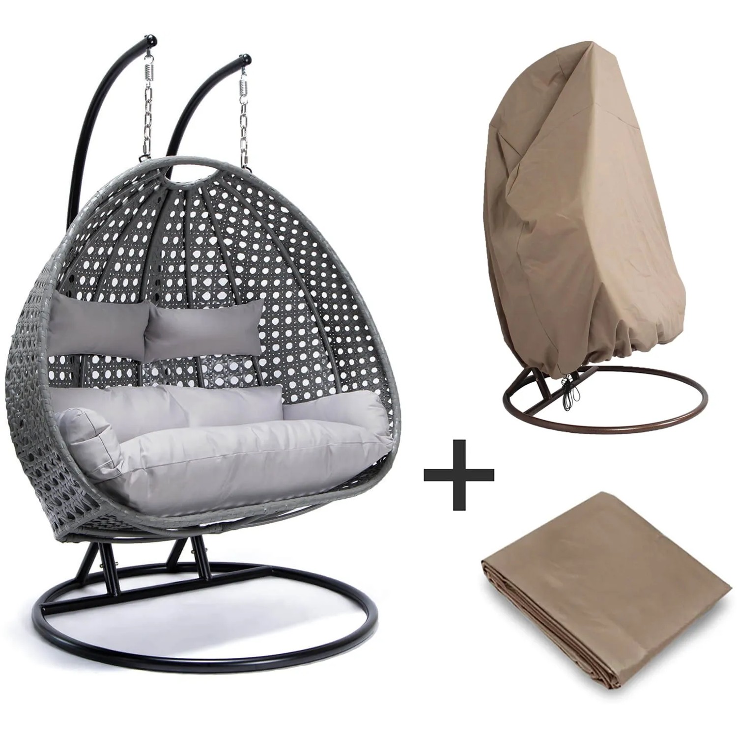 Home Deluxe Hängesessel Twin, grau, mit Polyrattan, Kissen und Regenabdeckung.