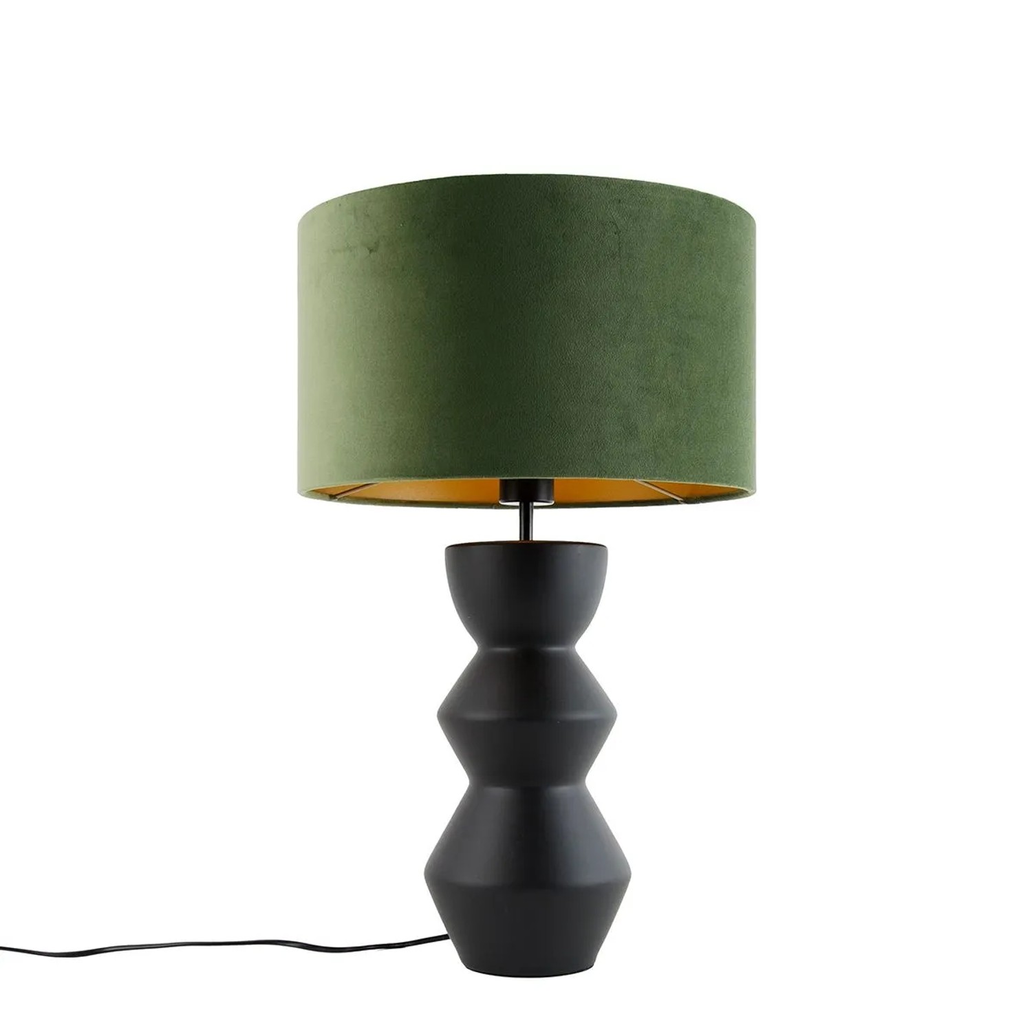QAZQA Design Tischleuchte Schwarzer Samt Schirm Grün mit Gold 35 cm Alisia