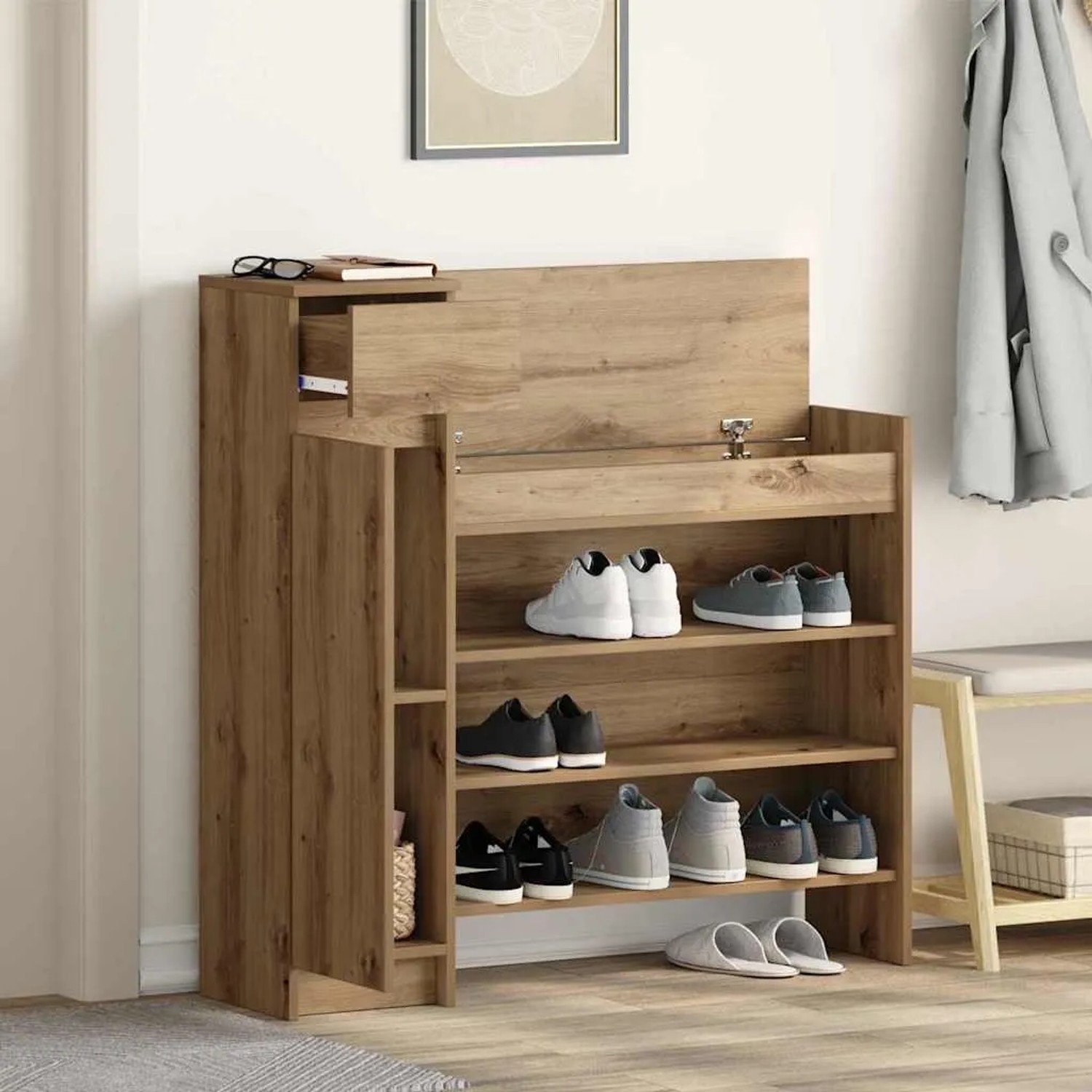 vidaXL Schuhschrank Eiche mit offenen Regalen, Schublade und Klappe. Rustikale Schuhkommode aus Holzwerkstoff für den Flur.