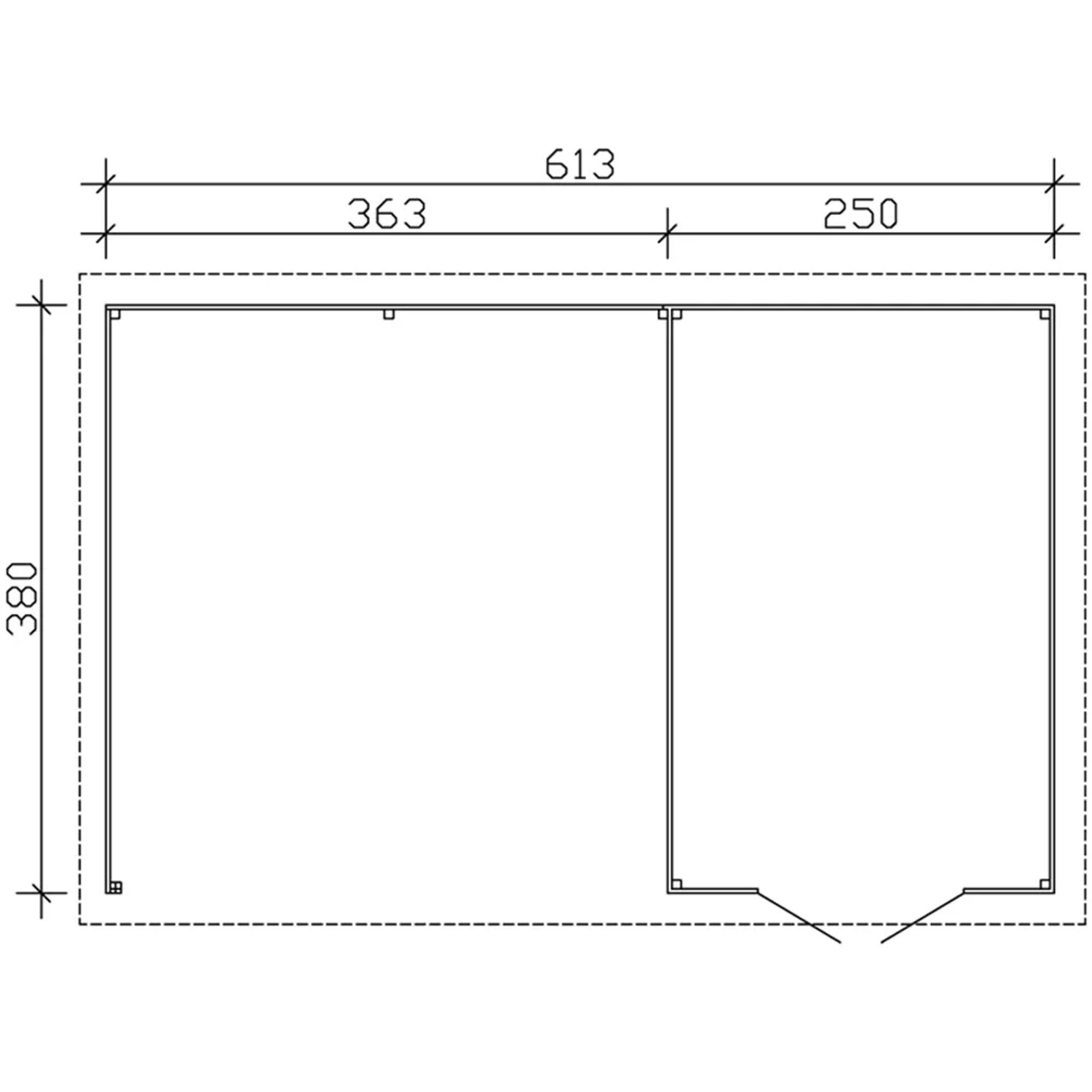Grundriss des Skan Holz Gartenhauses Tilburg, 23,3 m², mit Maßangaben.