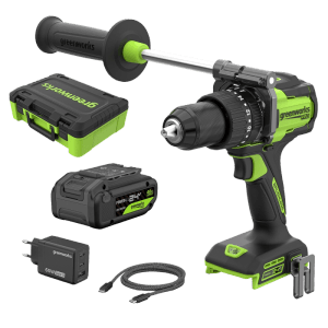 Greenworks Akku-Bohrhammer-Set Pro 95 Nm in Schwarz-Grün mit Akku, Ladegerät, Seitenhandgriff und Transportkoffer.