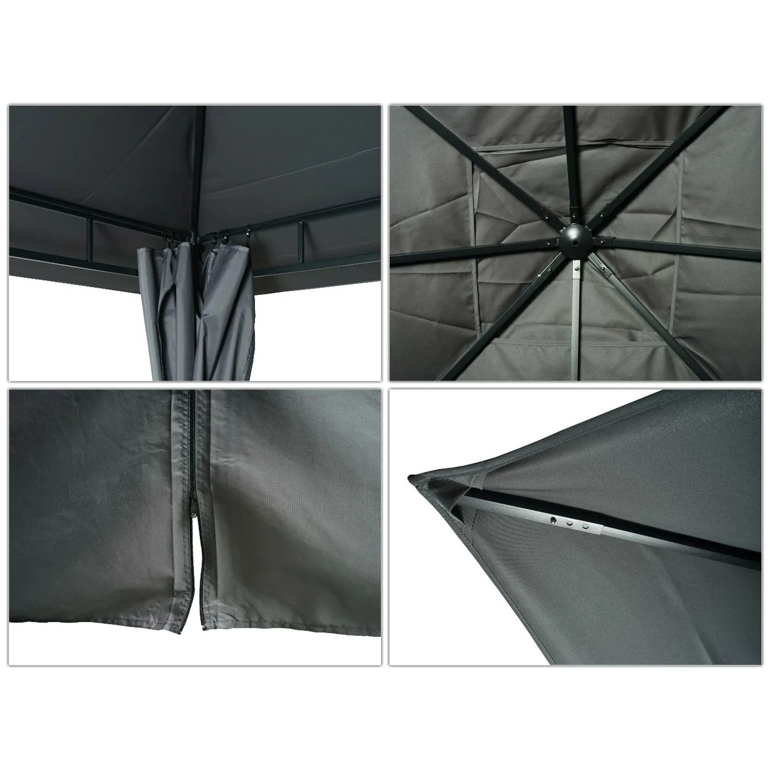 Detailansichten der MCW Pergola J63 in Anthrazit, Terrassenüberdachung mit Dach und Seitenwänden.
