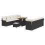 Schwarzes 11-teiliges Garten-Sofa-Set aus Poly Rattan mit Tisch und Hockern.