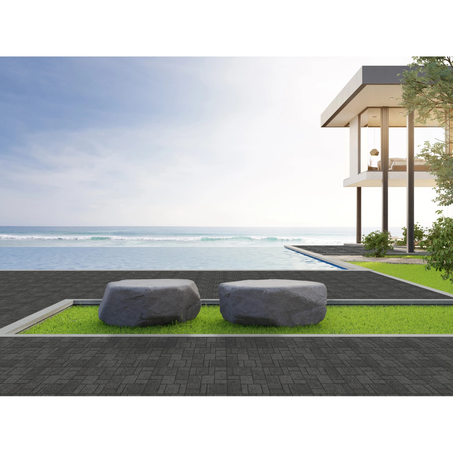 Verlegte Florco Naturstein Klickfliese Stone Schiefer Roma auf Terrasse mit Pool und Meerblick.