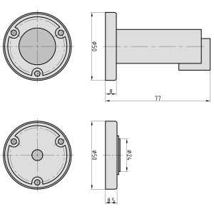 Technische Zeichnung: Basi Magnet-Türfeststeller Set, Edelstahl, Maße: Höhe 77mm, Durchmesser 50mm.