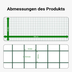 Grafik: Wiltec Volierendraht, 5 m x 100 cm, Drahtgitter 12x12 mm, Drahtstärke 0,9 mm.