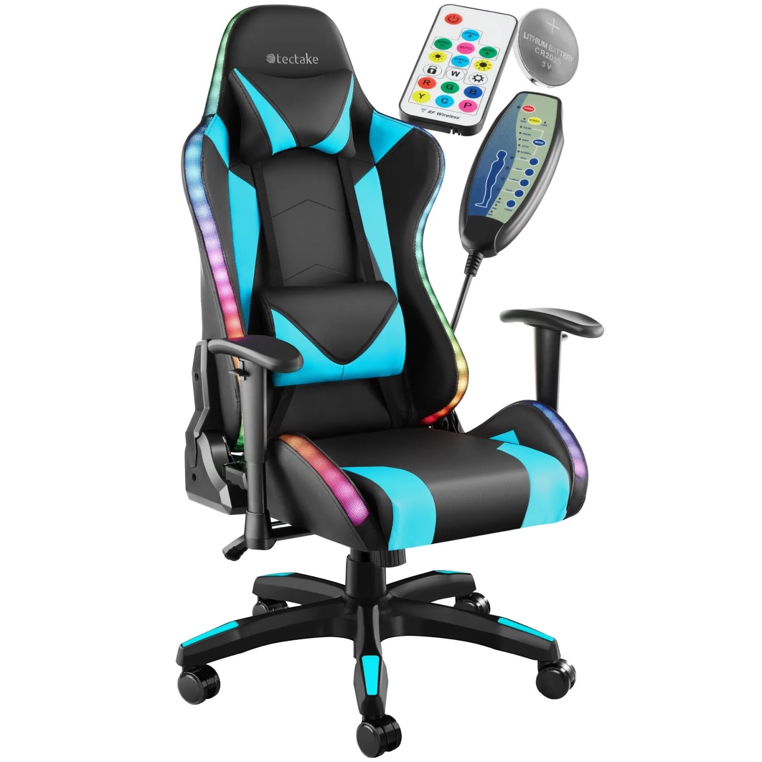 Tectake Gamingstuhl Tartaros Ergonomische Form  Mit Verstellbarer Rückenlehne Mit Led Beleuchtung und Massagefunktion  69 x 66 50 x 126 cm Schwarz Azu