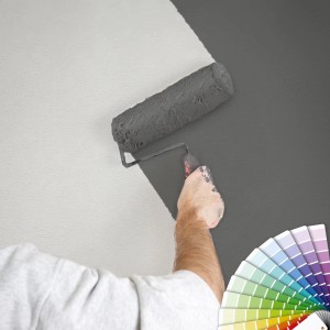 Mann streicht Bricoflor Deckentapete mit Farbroller, Farbfächer im Vordergrund.