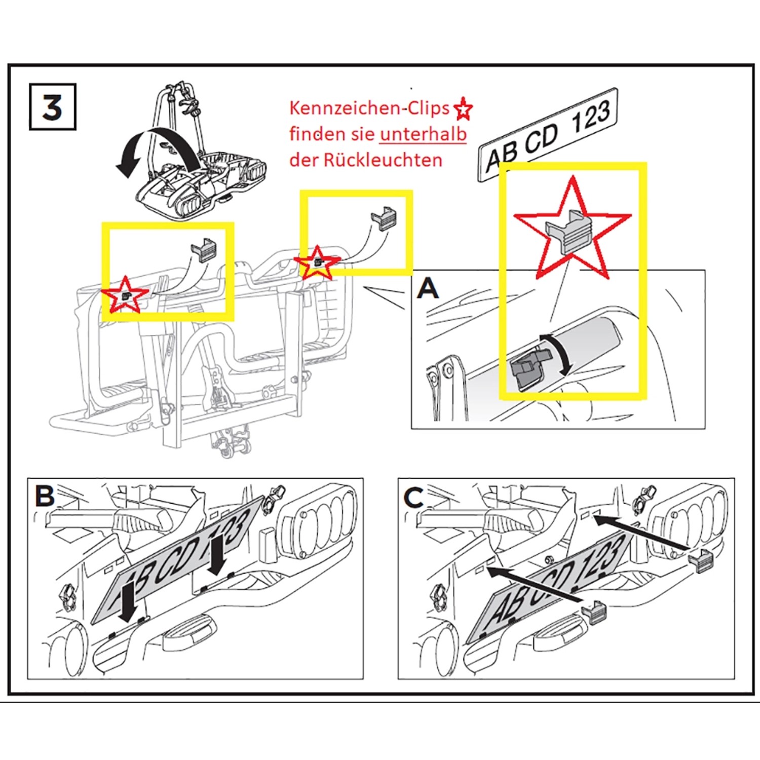 Anleitung: Kennzeichen-Clips am Thule EuroPower 915 Fahrradträger unterhalb der Rückleuchten befestigen.