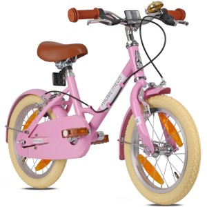 PROMETHEUS BIKES Kinderfahrrad 14 Zoll ab 4 Jahre Retro Look mit Felgenbremse & Ständer Rosa