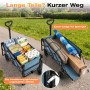 Zwei blaue Sunula Bollerwagen faltbar, einer mit Einkäufen, der andere mit Campingzubehör und geöffneter Heckklappe.