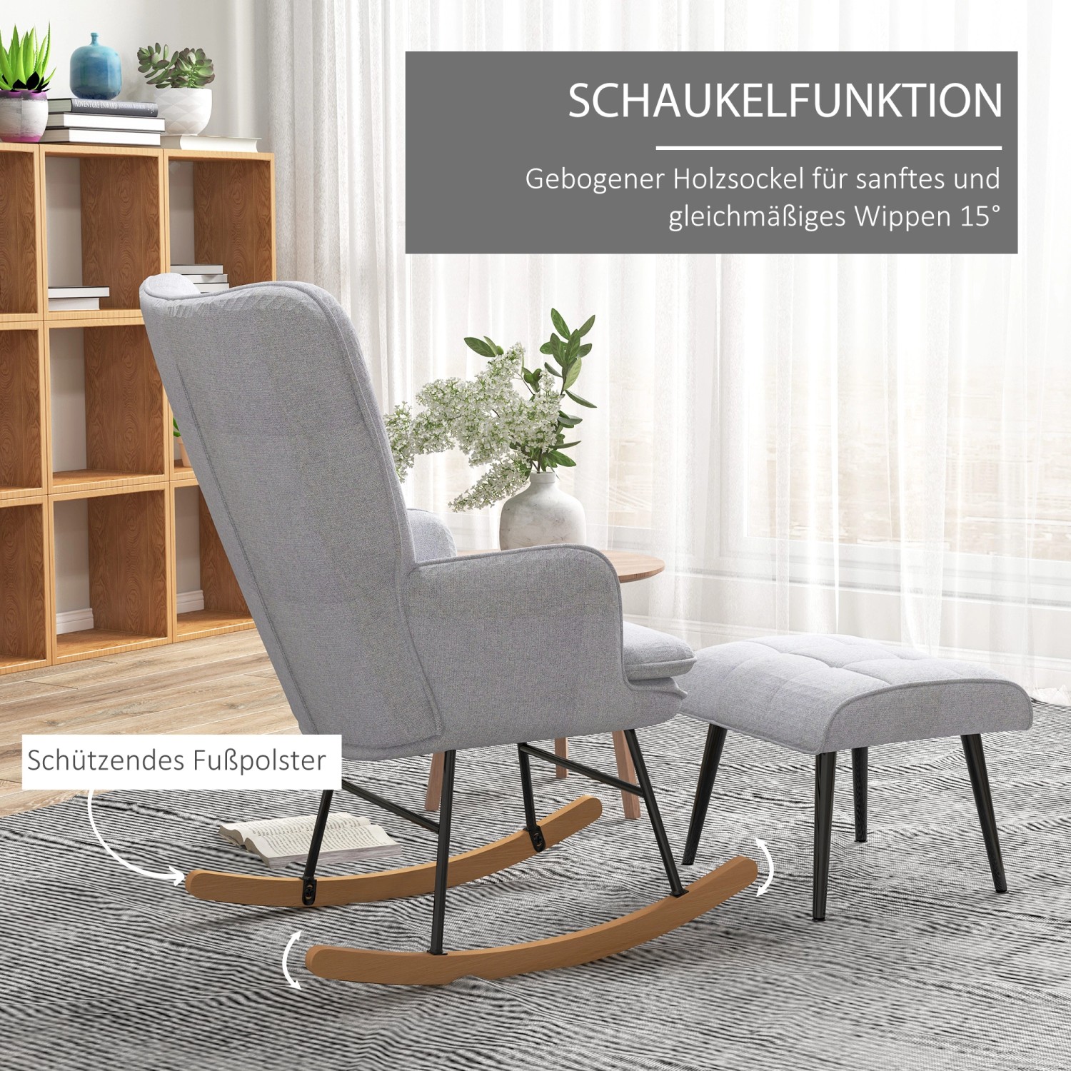 Grauer Schaukelstuhl mit Hocker in Leinenoptik, ideal zum Entspannen im Wohnzimmer.