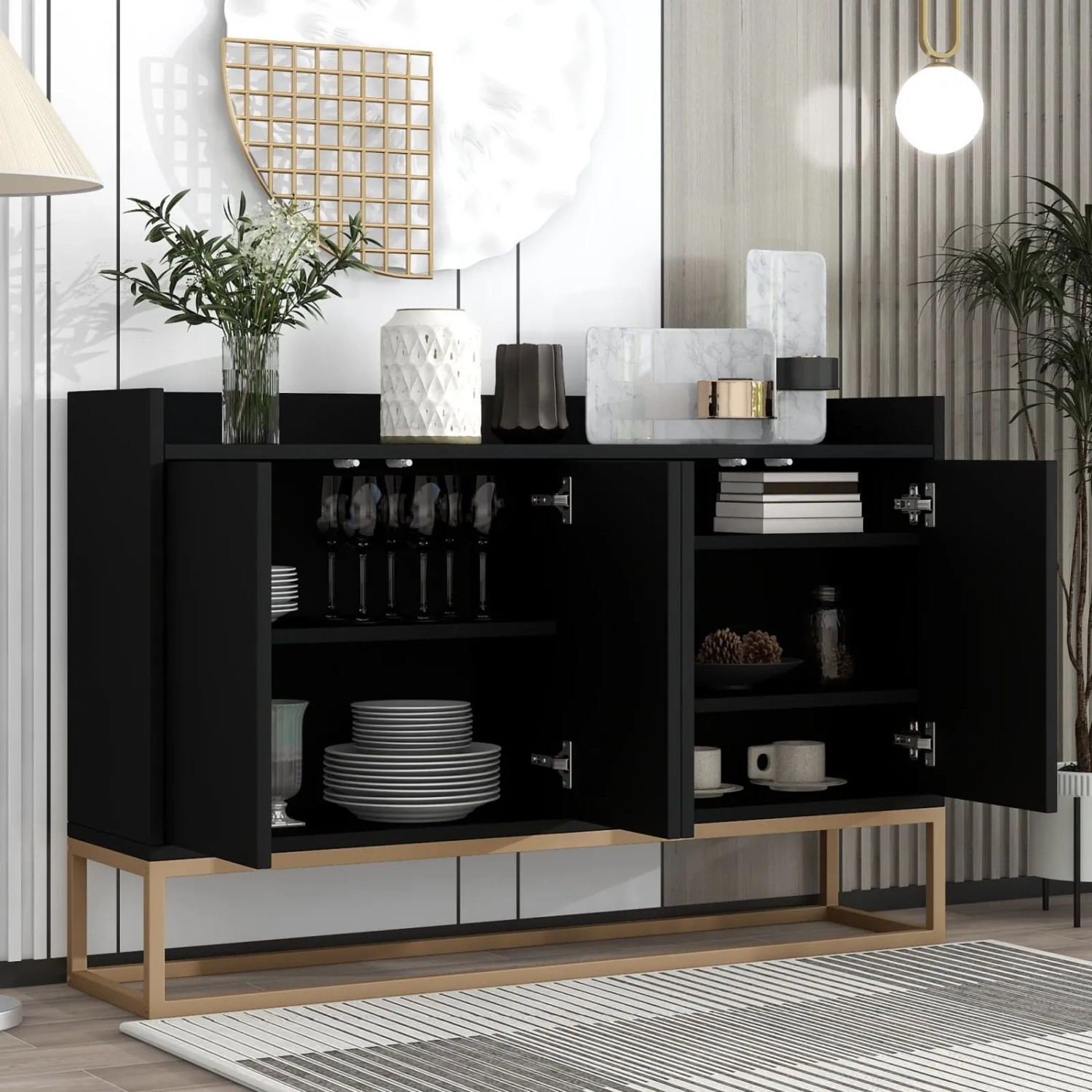 Schwarzer Buffetschrank mit 4 Türen und griffloser Optik für Ess- und Wohnzimmer.