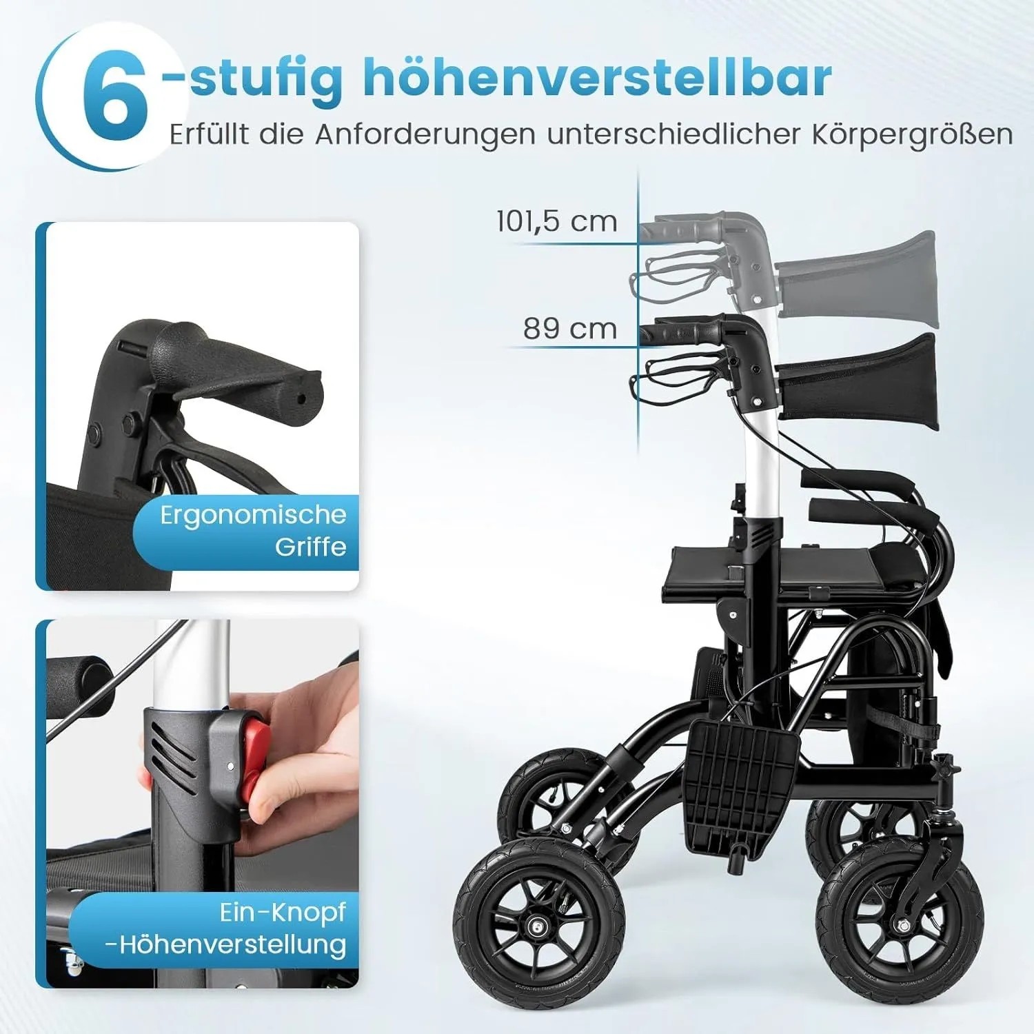 Costway Rollator mit Luftreifen, 2-in-1 Rollstuhl, schwarz, höhenverstellbar, bis 140 kg belastbar.