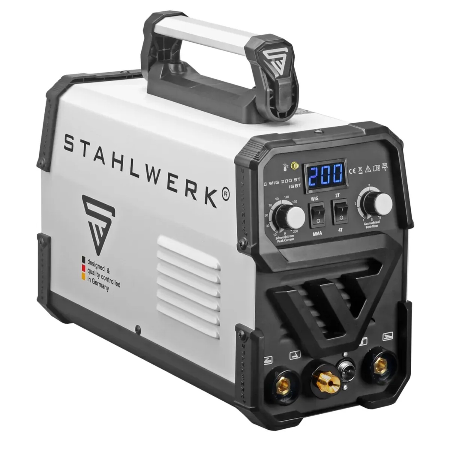 STAHLWERK Schweißgerät DC WIG 200 ST IGBT, 200 Ampere, E-Hand. Kompaktes WIG-Schweißgerät in Weiß/Schwarz.